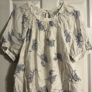 LOFT White and Blue Leaf Smocked Yoke Bubble Sleeve Blouse